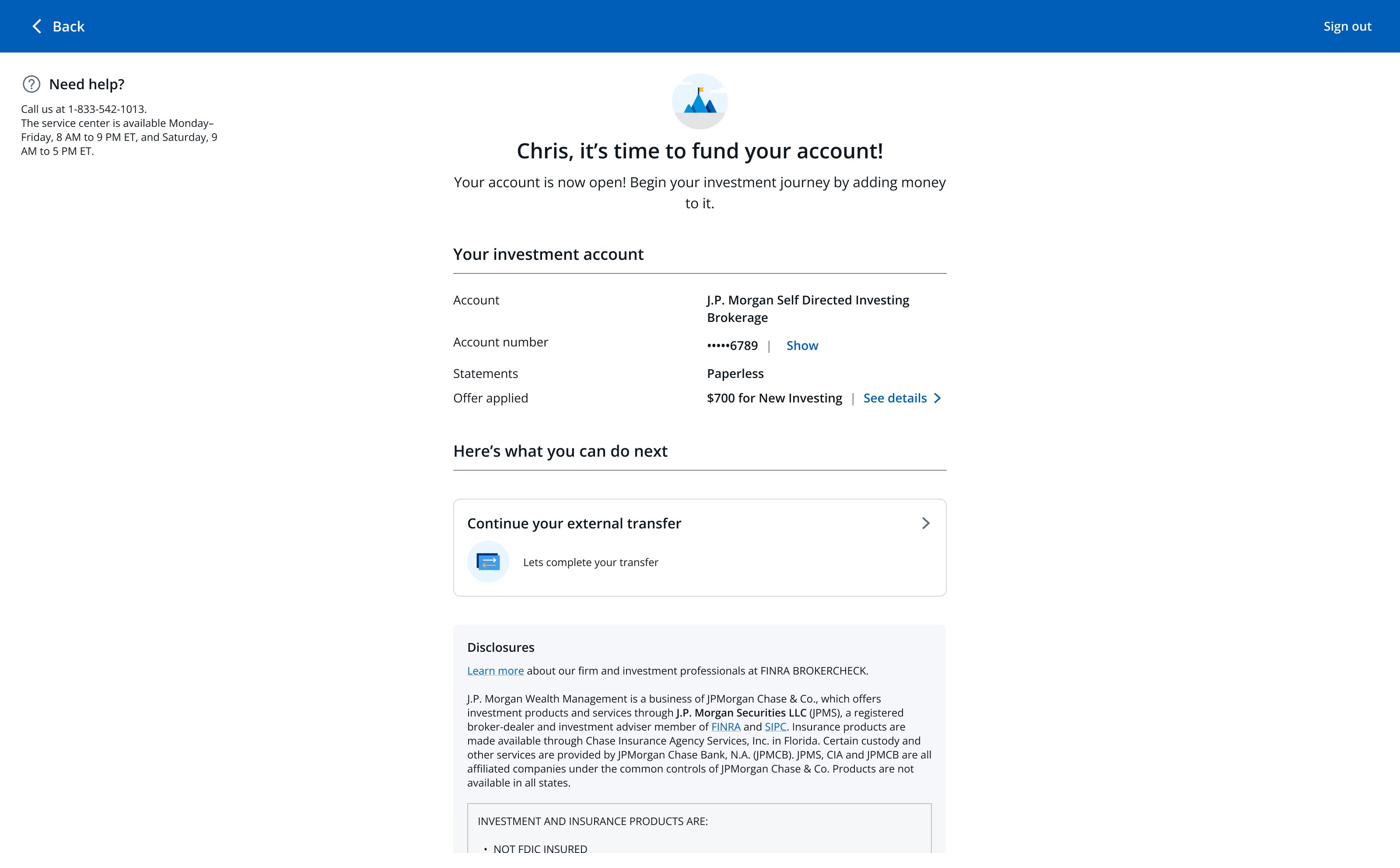 Step 2: account opening confirmation with continue-transfer affordance