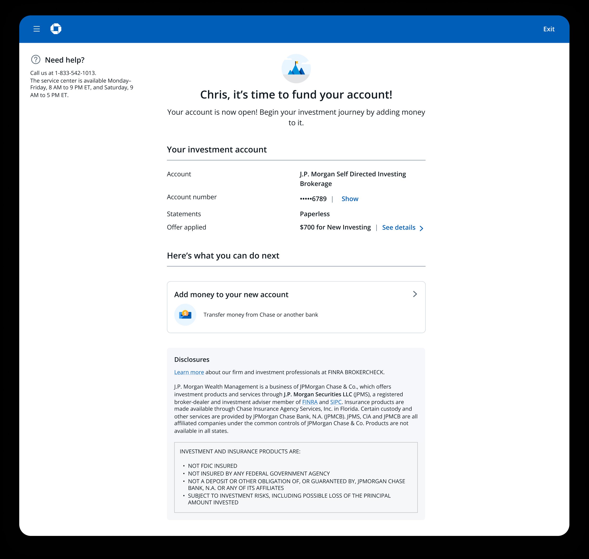Current account-opening confirmation with no path back to the transfer