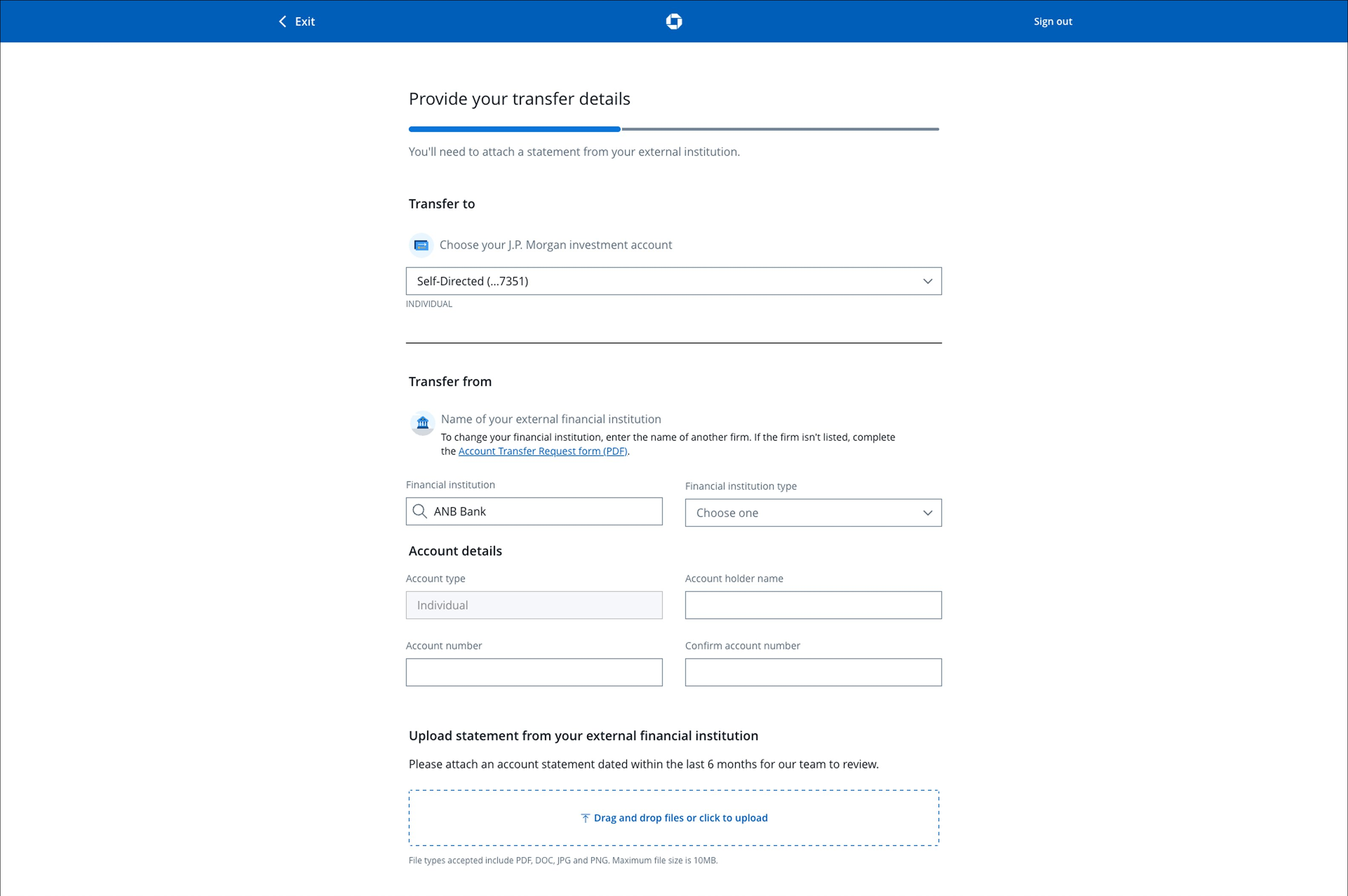 Current Provide your transfer details screen with manual entry fields