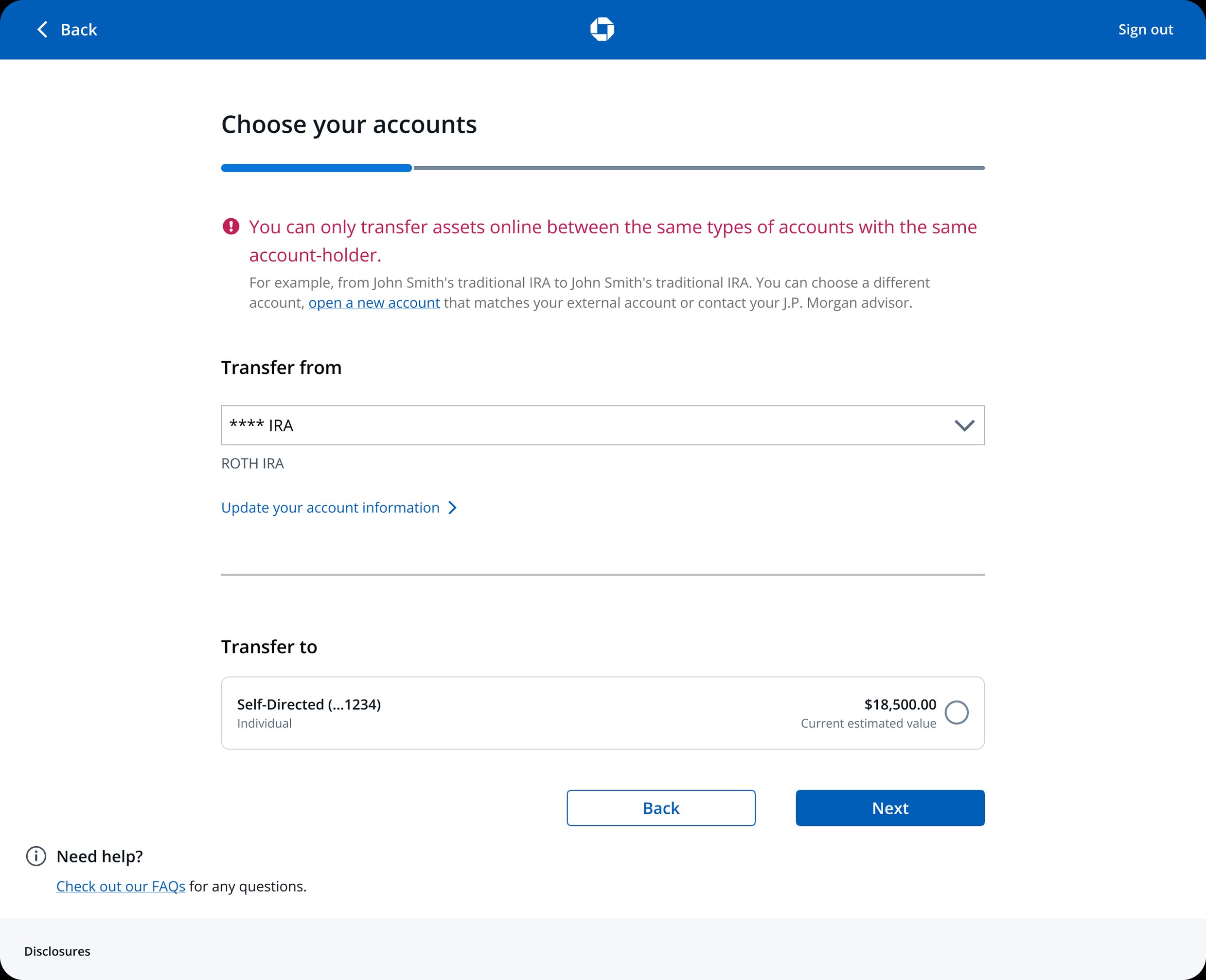 Current Choose your accounts screen with the account-type mismatch error