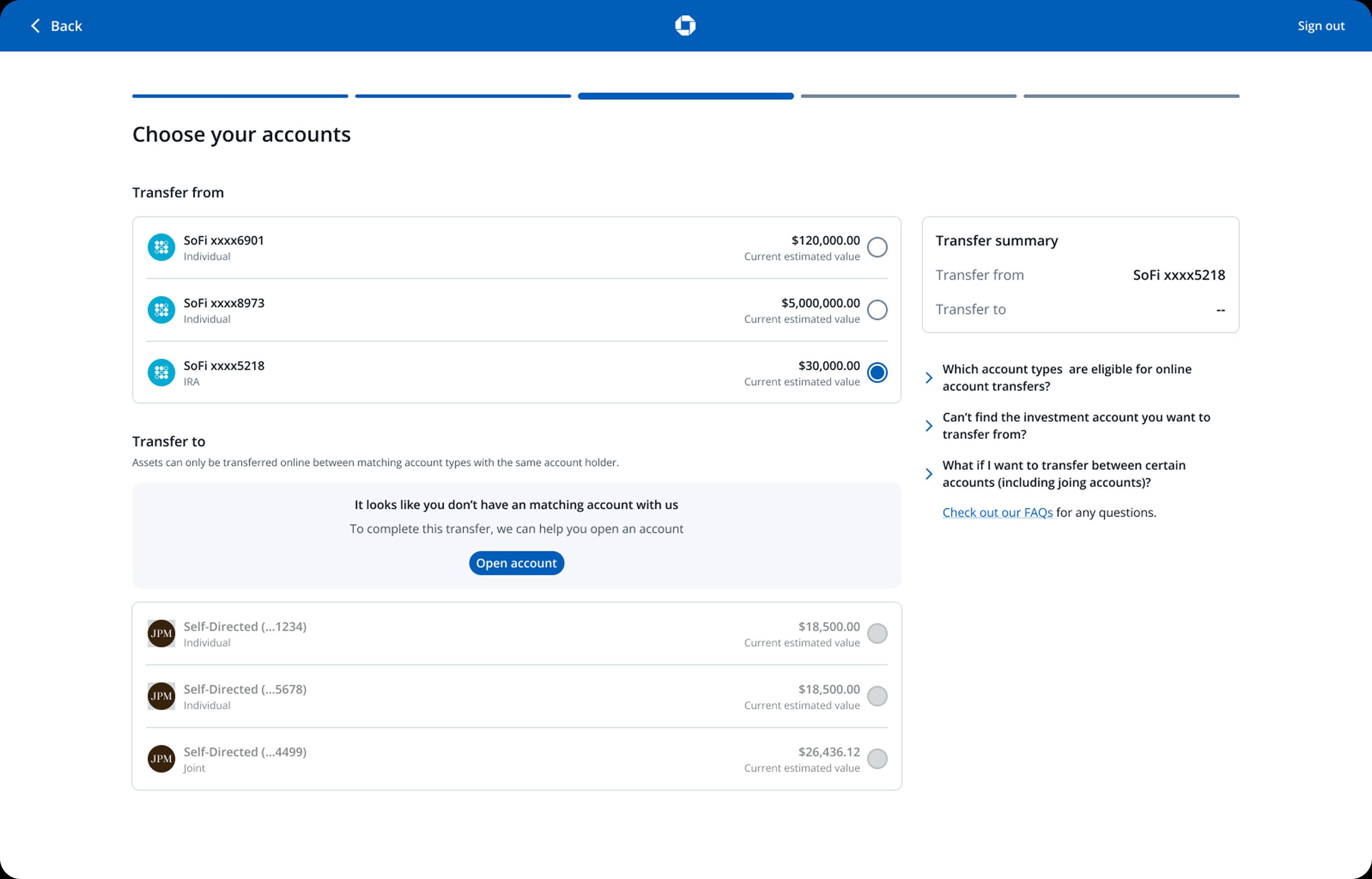 New Choose your accounts experience with all accounts visible and an inline open-account offer