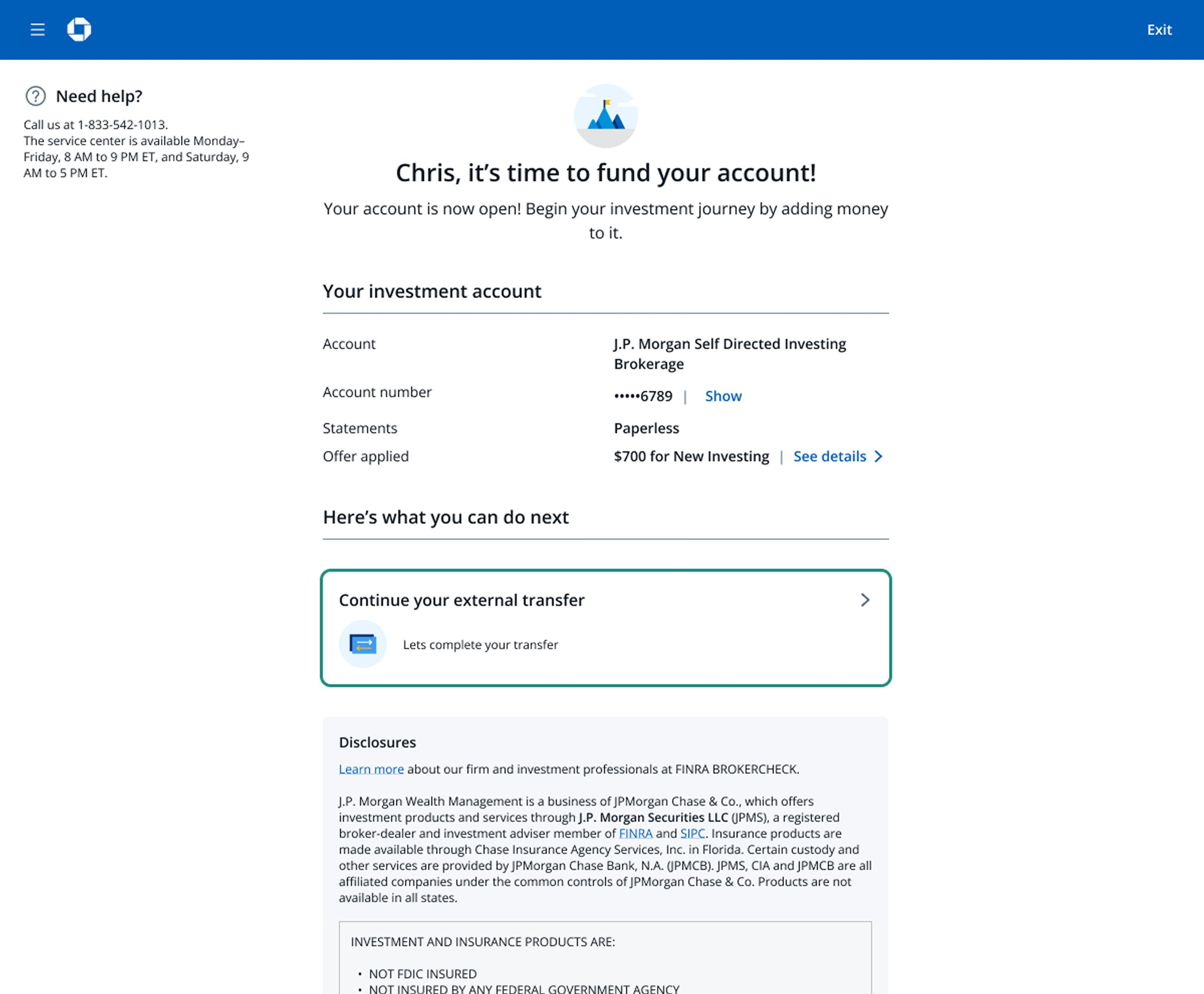 New account-opening confirmation with a prominent Continue your external transfer action