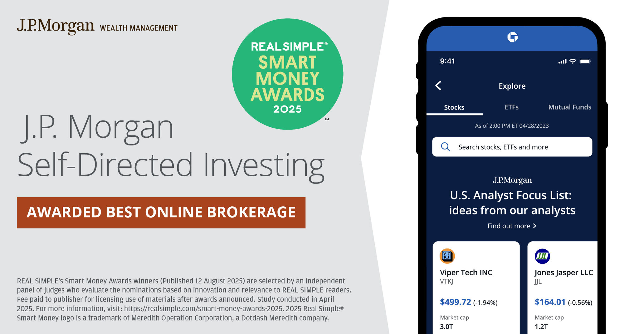 J.P. Morgan Self-Directed Investing, awarded Best Online Brokerage by Real Simple Smart Money Awards 2025, featuring the Explore experience
