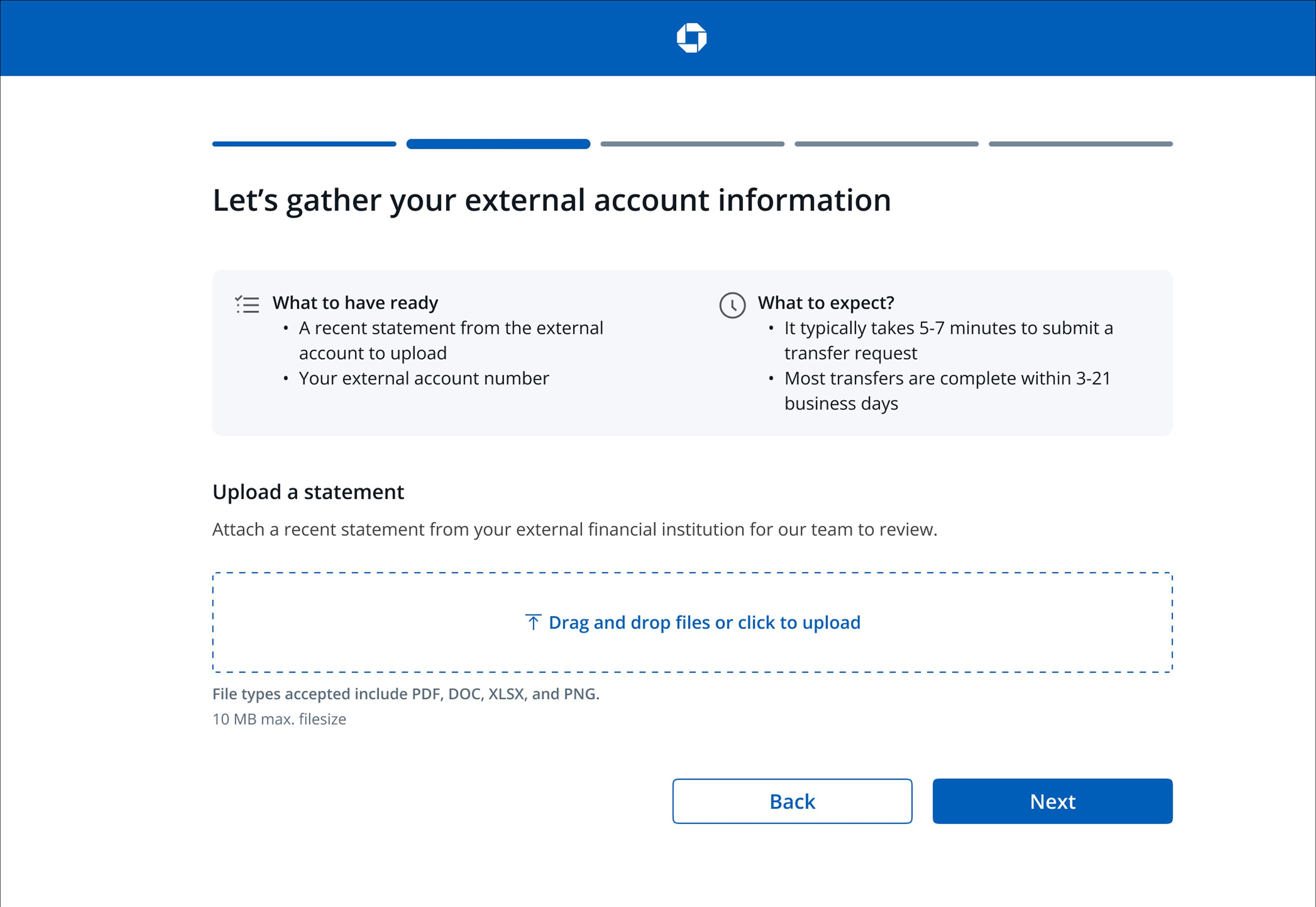 New Let's gather your external account information screen guiding clients to upload a statement